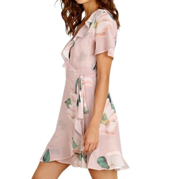 SHOW ME YOUR MUMU Floral Winnie Wrap Dress XS Pink Ruffle Flutter Sleeves Mini - Picture 4 of 12